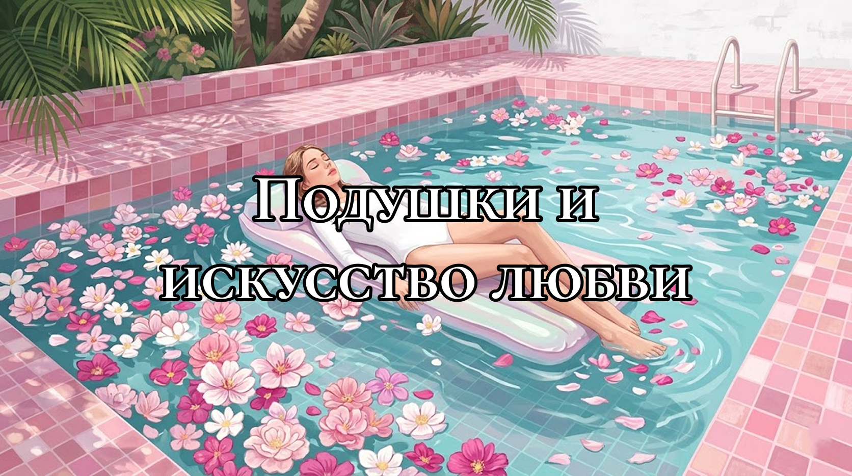 Иллюстрация: девушка в белом боди лежит на матрасе в бассейне с розовой плиткой, вокруг плавают цветы и лепестки