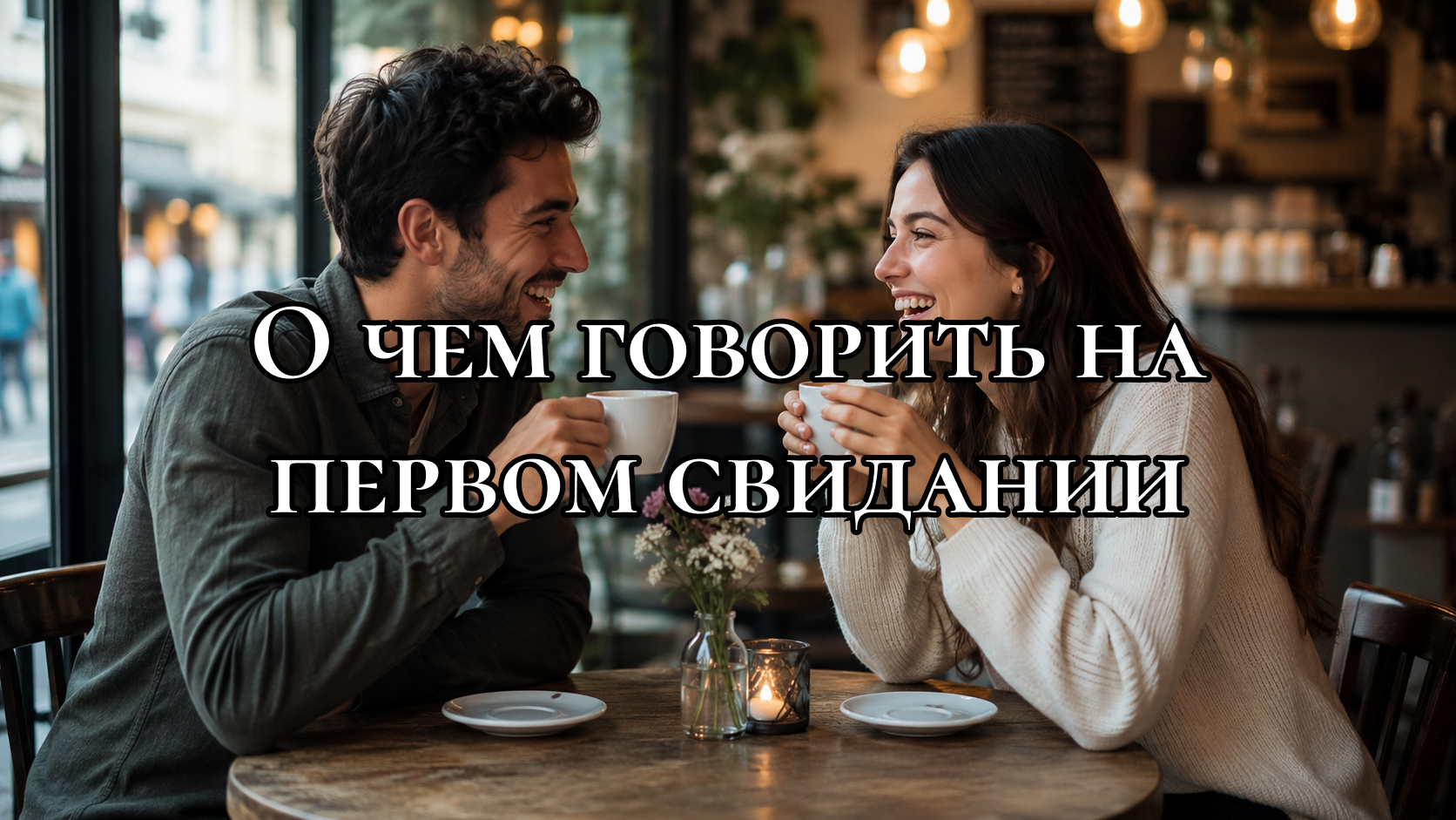 мужчина и женщина на первом свидании в кафе пьют кофе и смеются