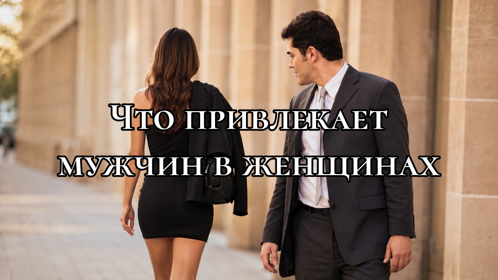 мужчина в костюме оборачивается и смотрит вслед женщине в черном платье на улице