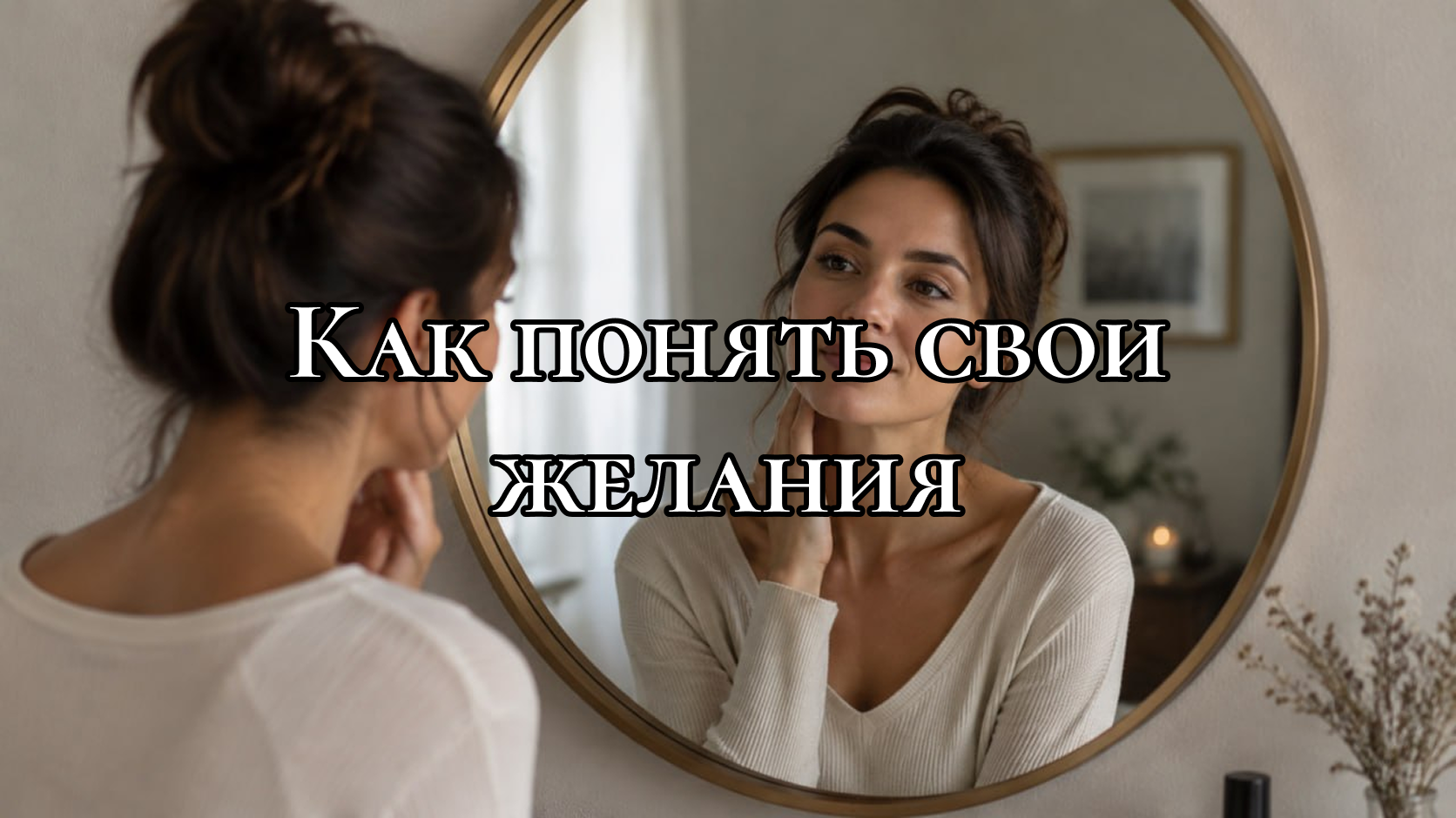 Женщина смотрит на своё отражение в зеркале