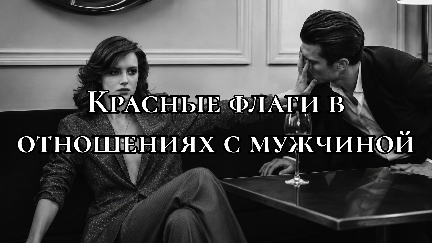 Женщина осаждает мужчину: её взгляд серьёзен, рука отталкивает мужчину, поза сильная